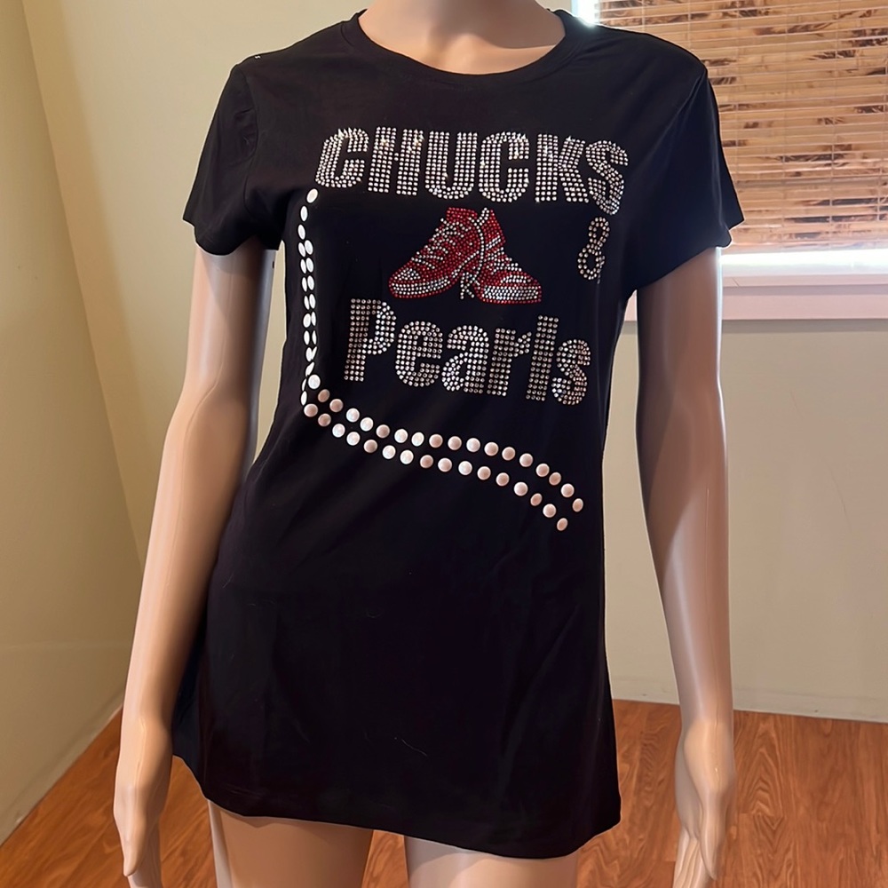 Black Embellished Graphic T-shirt With Rhinestones And Pearls Size XL